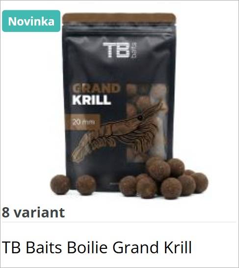 Bag of TB Baits Grand Krill boilies, 20 mm, with several brown boilies in front.