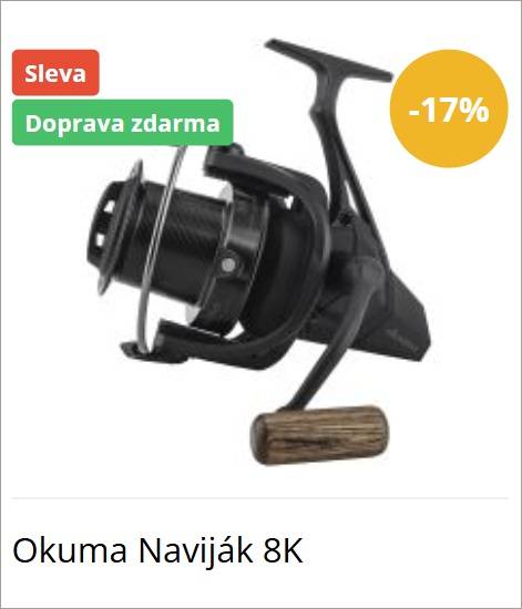 Okuma Naviják 8K fishing reel with wooden handle and sale badges (-17%, free shipping).