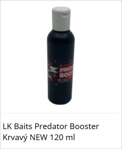 Dark bottle with a gray cap, labeled LK Baits Predator Booster Krvavý NEW 120 ml (product image).