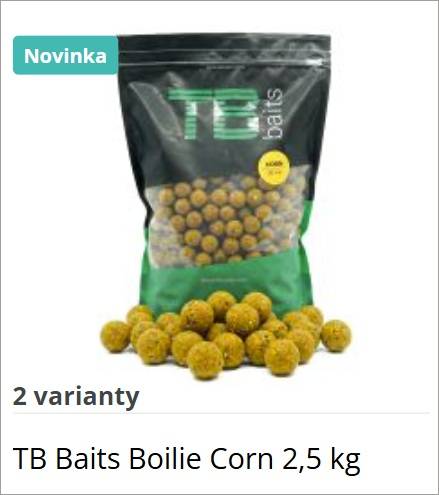 Bag of TB Baits Boilie Corn with yellow boilies spilled in front; Novinka badge visible.