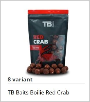TB Baits Boilie Red Crab bag with red crab graphic; several round boilies spilled in front