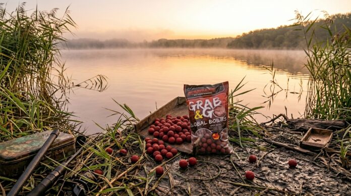Bag of red boilies labeled 'Grab & Go' on a muddy lakeshore with fishing gear and tall reeds at sunrise.