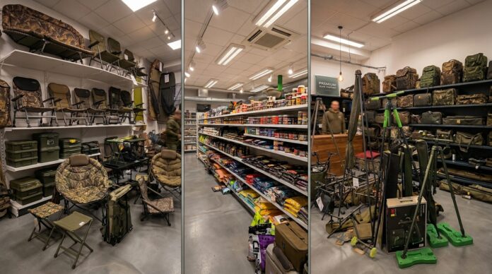 Interior of an outdoor gear store: camouflage chairs and camping gear on the left, a grocery aisle in the center, and tripods with bags on the right.