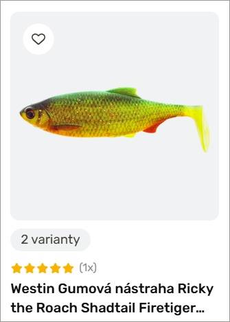 Firetiger-colored fishing lure shaped like a small roach, shown with a '2 variant' label and a five-star rating.