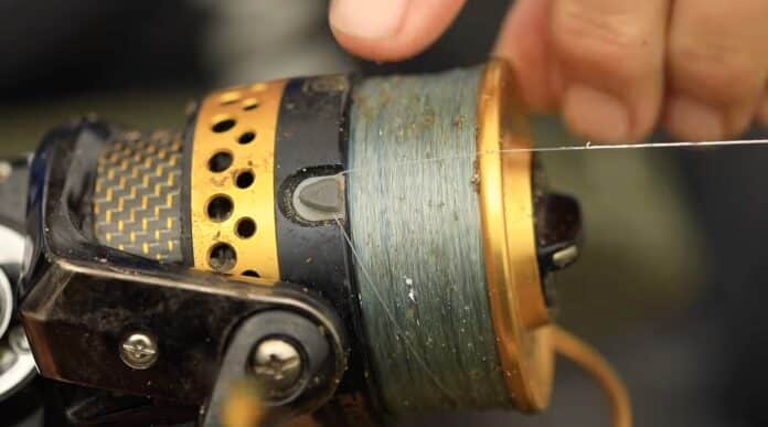 Close-up of a fishing reel spool with line being wound around it.