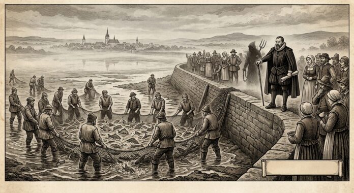 Fishermen haul a large net full of fish from a river as onlookers gather on a stone quay by the water.