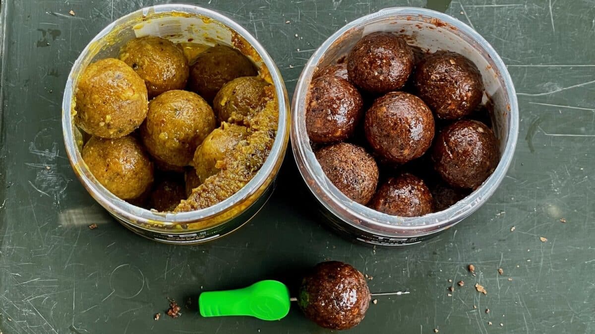 Two clear jars filled with round snack balls: yellowish on the left and dark chocolate on the right, on a greenish surface; a bright green tool and a loose ball in front.