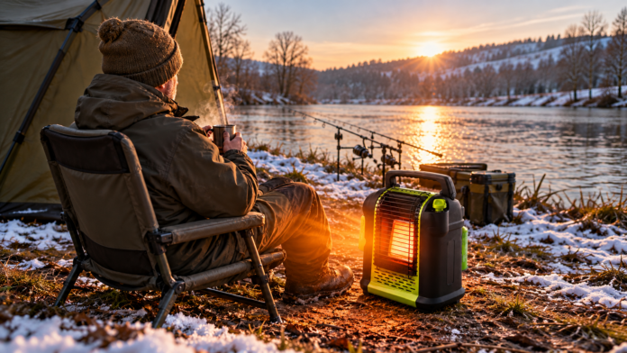 Man in a beanie sits in a camping chair by a tent, warming hands over a portable heater near a snowy lakeshore at sunset.