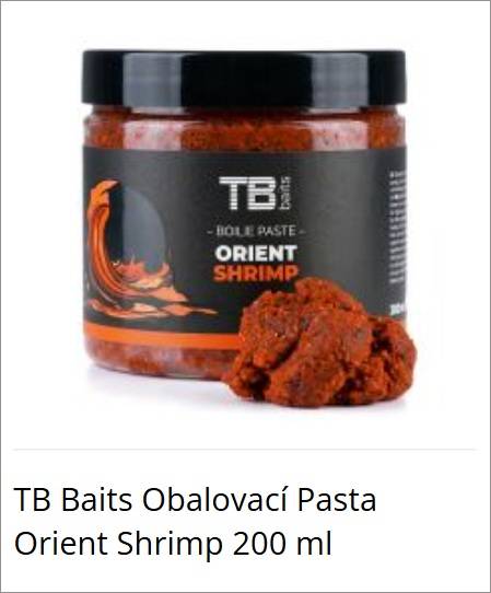 Jar of TB Baits Orient Shrimp bait paste, 200 ml, with orange-red paste in front of the jar.