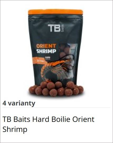 Bag of TB Baits Orient Shrimp hard boilie with orange lid, shown with several brown boilies in front.