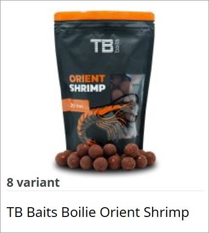 Pouch of TB Baits Orient Shrimp boilies with orange top, surrounded by brown boilies; product packaging shown.