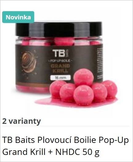 New TB Baits Pop-Up Boilie Grand Krill pink boilies beside a jar, with a blue Novinka badge indicating a new product (16 mm)