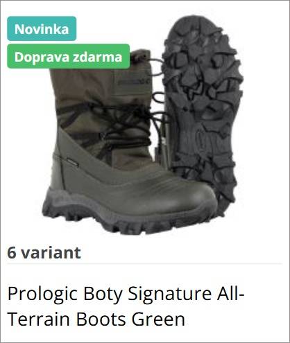 Green all-terrain boot with a rugged tread, featuring 'Novinka' (new) and 'Doprava zdarma' (free shipping) badges; product image for Prologic Signature All-Terrain Boots Green.