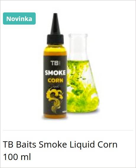 TB Baits Smoke Corn liquid bait bottle (100 ml) shown with a glass beaker of green liquid, plus a 'Novinka' badge indicating new product.