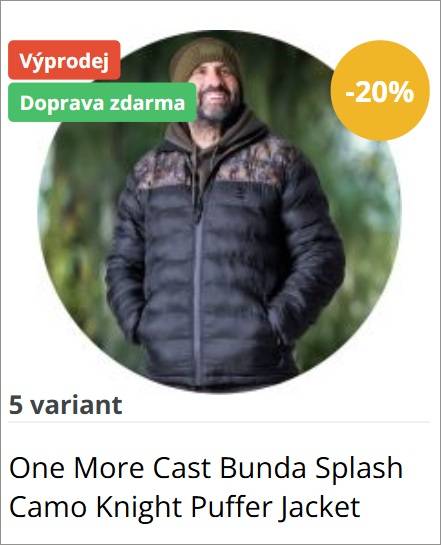 Product image: One More Cast Bunda Splash Camo Knight Puffer Jacket, 5 variants, with sale tags (Výprodej, Doprava zdarma) and a 20% off badge.