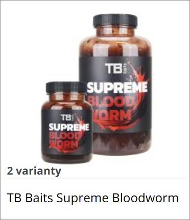 Two TB Baits Supreme Bloodworm bottles, one large and one small, with dark labels and red graphic on white background.