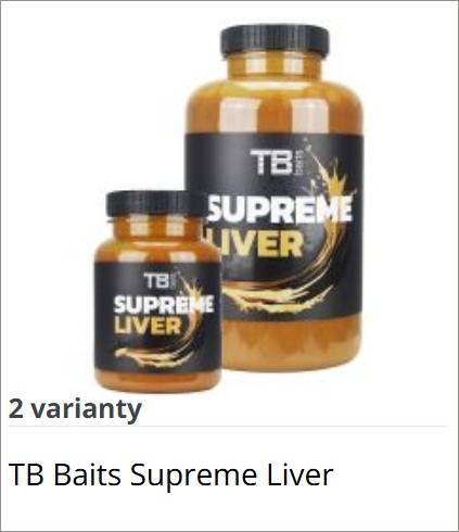 Two TB Baits Supreme Liver bottles (large and small) on white background, with black labels.