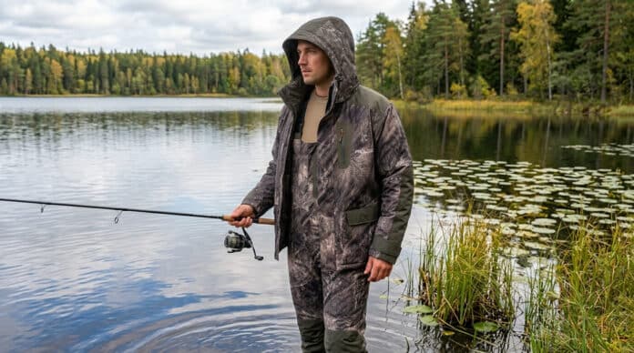 Man in camouflage outerwear stands at the edge of a calm lake, holding a fishing rod with a reel visible.