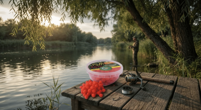 Fishing on a wooden dock at sunset: red bait balls, a tackle container, and a reel, with a fisherman in the background by a calm river.